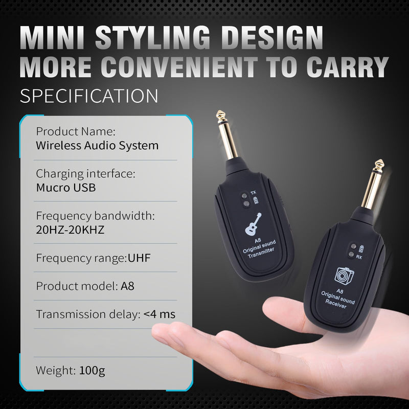 Wireless Guitar System - Transmitter Receiver with Built-in Rechargeable Battery, 4 Channels for Electric Guitar, Bass, Violin
