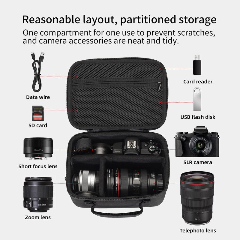 Universal camera case hard waterproof shell EVA interior lined shock-absorbent with dividers and shoulder strap Internal dimensions 8.4 x 5.7 x 3.5" for Canon/Sony/Nikon/Fujifilm mirrorless cameras
