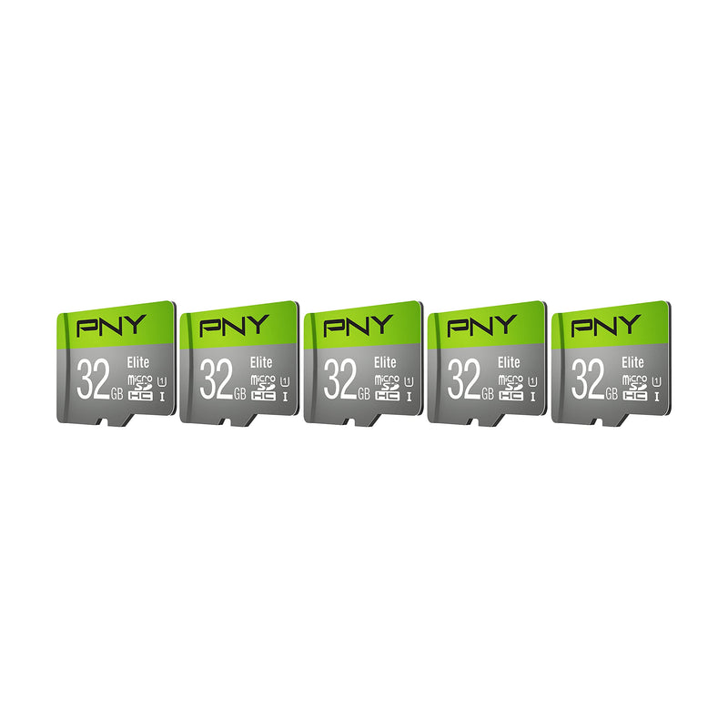 PNY 32GB Elite Class 10 U1 microSDHC Flash Memory Card - 100MB/s, Class 10, U1, Full HD, UHS-I, Micro SD , 5 Count (Pack of 1)