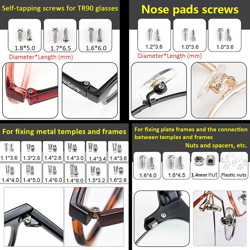 Eyeglass Repair Kit, 24 Types Screws for Eyeglass, Wide Range of Frame Screws, Hinge Screws, Nose Pads Screws - Essential Eye Glasses Repairing Kit Tool