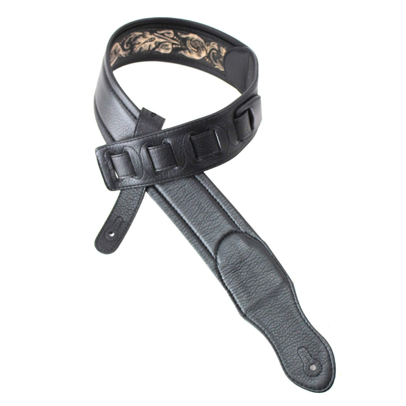 Walker & Williams KB-04-BLK Black Full Grain Handmade Center Block Premium Carving Leather Padded Guitar Strap With Banner Eagle And Vines For Acoustic, Electric, And Bass Guitars