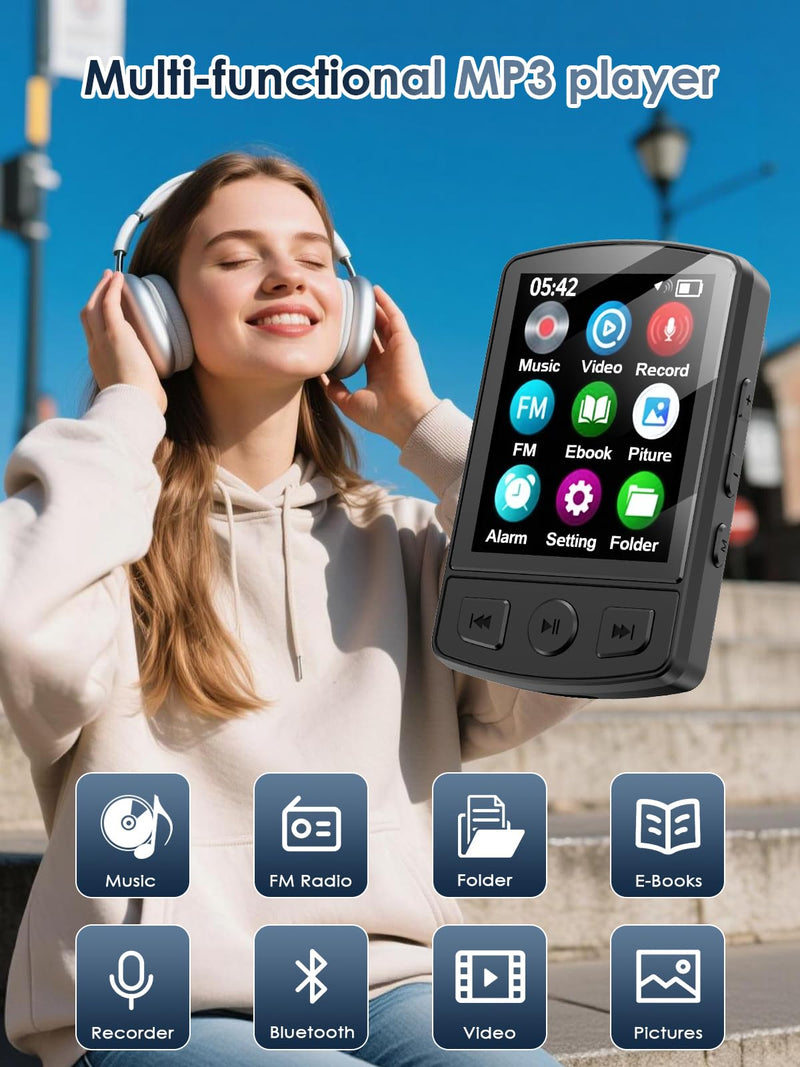 [AUSTRALIA] - MP3 Player with Clip 64GB Mini MP3 Player with Bluetooth 5.2,Portable MP3 Music Player with Earphones,HiFi-Speaker,FM Radio,Voice Recorder,E-Book for Outdoor,Home,Sporting(Black) Black 