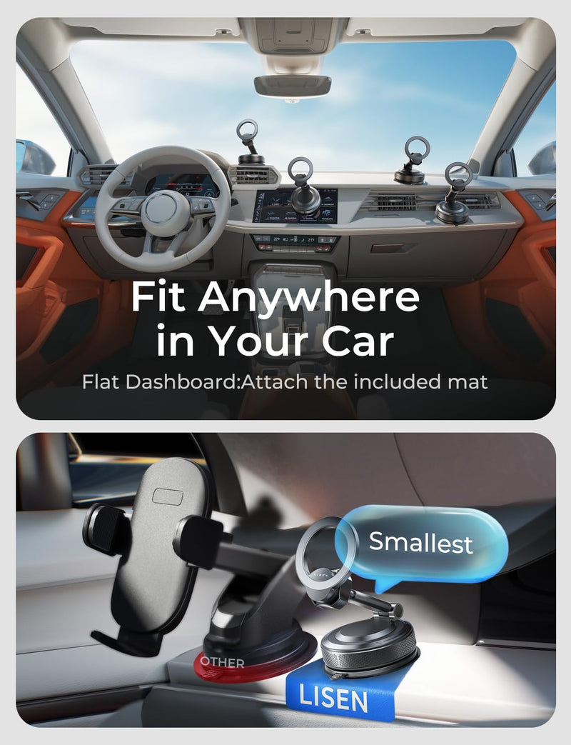 LISEN Magsafe Car Mount, [98LBS Vacuum Suction] Magnetic Phone Holder for Car Dashboard & Windshield, Strong Magnet Cell Phone Car Mount for iPhone 17 16 15 14 13 12 Pro Max/Air Obsidian Black