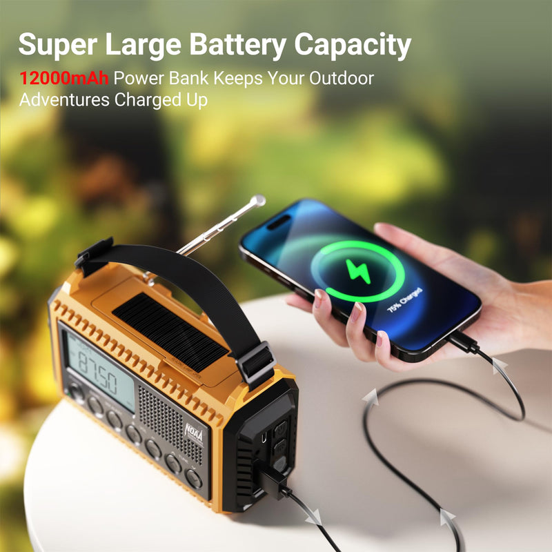 Mesqool 12000 Emergency Radio, Auto Digital Weather Radio NOAA/AM/FM/SW Battery Backup Crank with Flashlight Phone Charger, Portable Solar Powered Radio Backlit LCD Display, SOS Yellow/Black