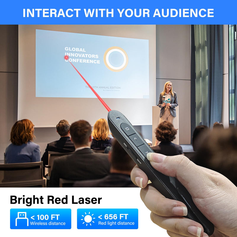 Presentation Clicker, Wireless Presenter with Red Light Pointer, Clicker for Powerpoint Presentations RF 2.4GHz USB Presenter Remote Google Slide Advancer with Hyperlink Volume Control F07 AAA-USB