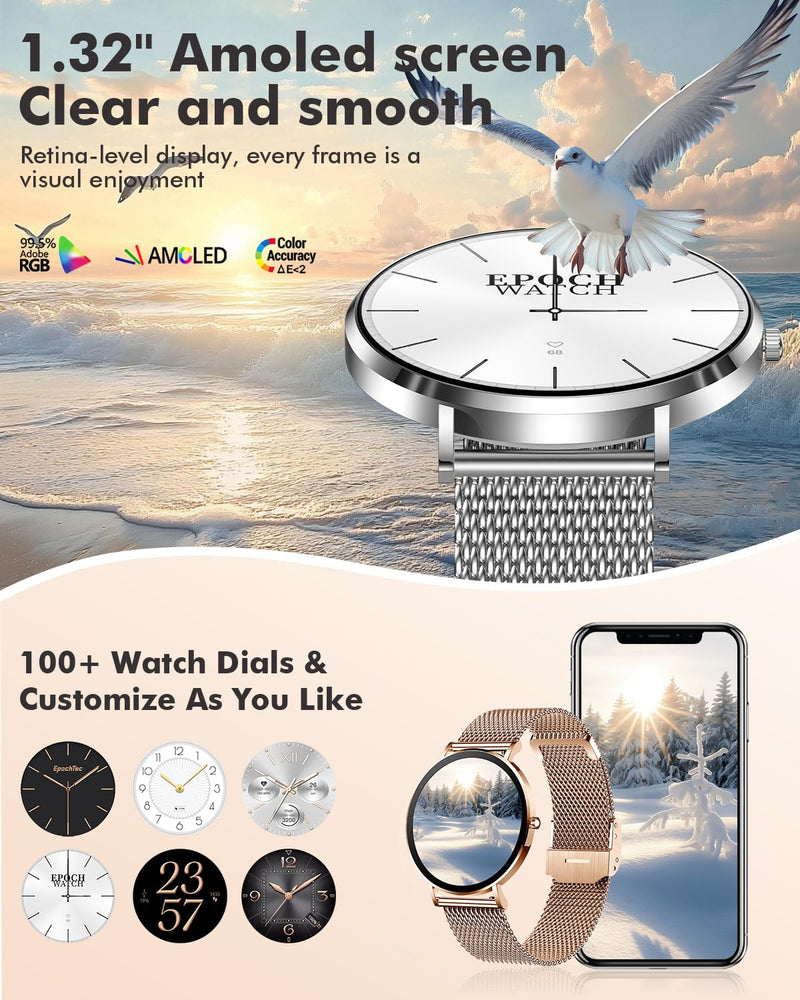 Ultra-thin Stainless Steel Smartwatch for Women Men 1.32'' Bluetooth | Full-touch Smart Watch, 24/7 Heart Rate & Sleep Monitor Digital Watch, IP68 Waterproof Fitness Tracker &100+ Sports(Rosegold) Rose Gold