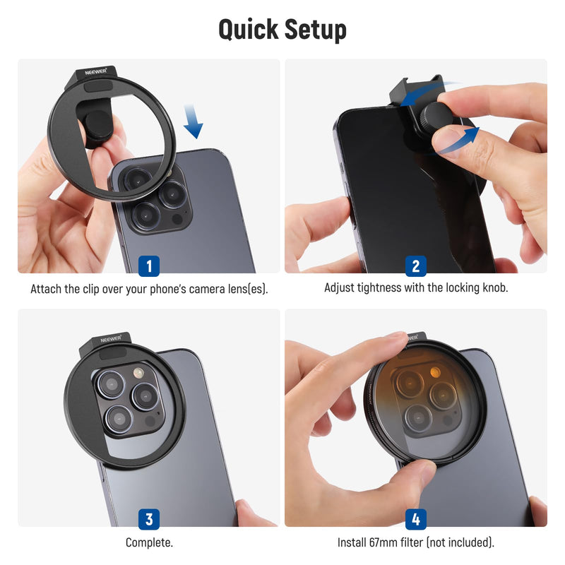 NEEWER Upgraded 67mm Phone Filter Mount Threaded Lens Filter Clip with Cold Shoe Mount, Locking Knob, 13mm Opening Compatible with iPhone 15 Pro Max 15 Plus 14 13 Samsung Galaxy S22 S23 Ultra, LA006