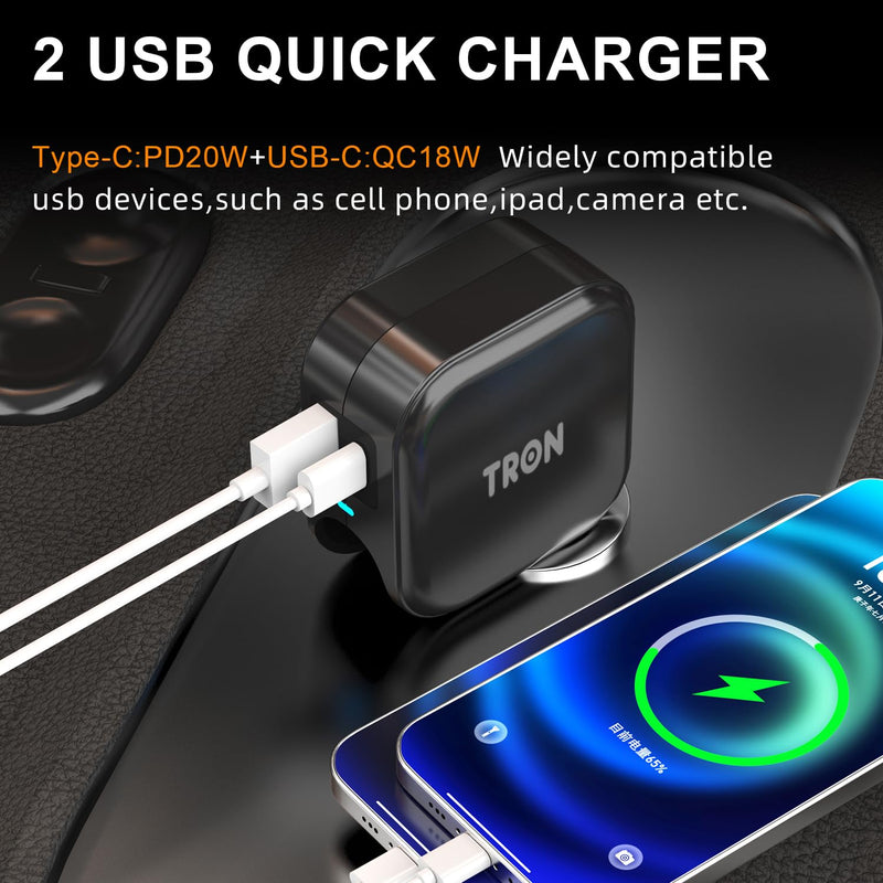 TRON Wall & Car Charger Travel Charging Station, 36W Dual USB-C & USB-A Fast Charger, Foldable for iPhone, iPad, Android, Earbuds – TR17