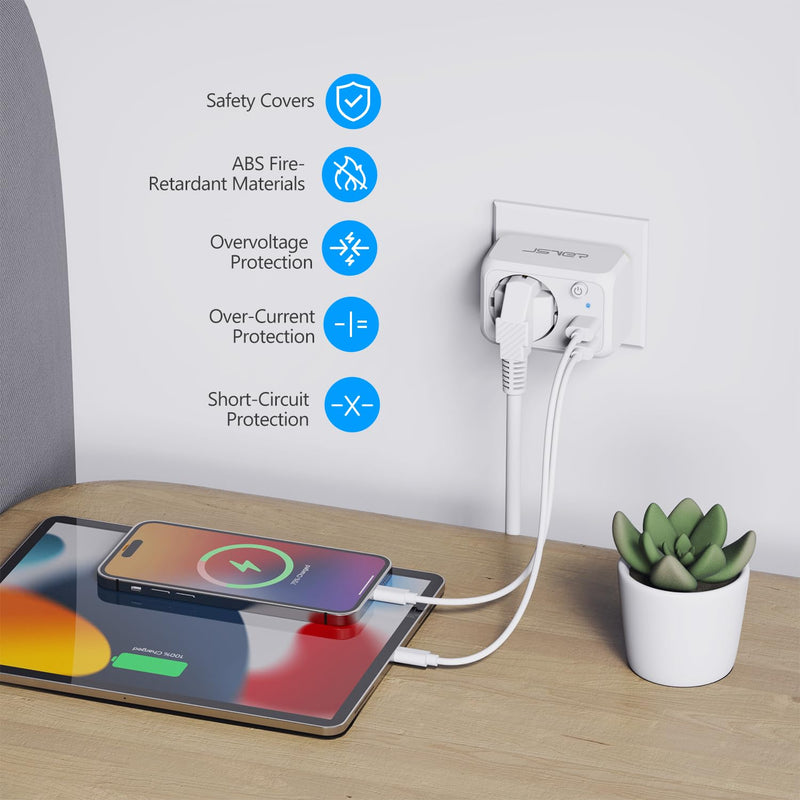 JSVER USB Socket 4000 W with 2 USB Ports, Socket Adapter USB Adapter Socket Schuko Plug with USB Charger, Charging Plug USB with Switch for Phone and Household Appliances, White