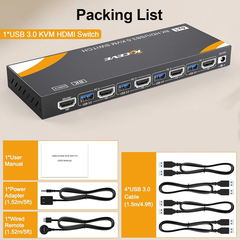 8K KVM Switch 1 Monitor 4 Computers 8K@60Hz 4K@120Hz, HDMI KVM Switch with 3 USB 3.0 Ports for 4 Computers Share 1 Monitor Keyboard Mouse Printer, with 2 USB Cables and Controller black USB+HDMI