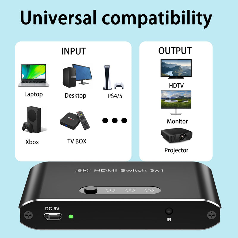 [AUSTRALIA] - HDMI 2.1 Switch 3 in 1 Out,8K HDMI Splitter Switcher,Supports 4K@120Hz,8K@60Hz, 48Gbps Ultra HD HDMI Box, Aluminum Shell, Compatible with PS4/PS5, Xbox, Fire Stick, Apple TV, Roku, HD TV. 8KBlack 