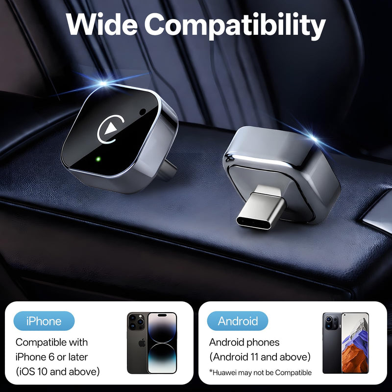 USB C Wireless CarPlay & Android Auto Adapter, Wired to Wireless Dongle | Plug & Play Compatible with iPhone & Android Smartphones,WiFi 6.0 Stable Connection & No Latency.