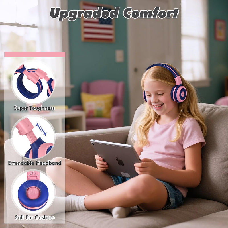 SIMOLIO Wireless Headphones Girls, Bluetooth Foldable Childrens Headphones with Mic and Volume Limited, Over-Ear Stereo Headset for Fire Tablet iPad School Travel Airplane Cellphones, Wired Mode Pink Bubblegum Pink