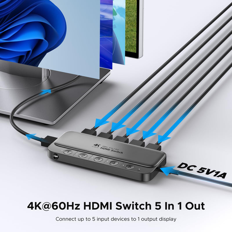 [AUSTRALIA] - ByteWave HDMI Switch 5 in 1 Out with Remote - 4K@60Hz, HDCP2.3, HDR, 3D, Dolby Support, Multi HDMI Port Selector Box, 5x1 Game Switcher Hub Compatible with PS5 Nintendo Switch1/2 Xbox Roku TV Stick 