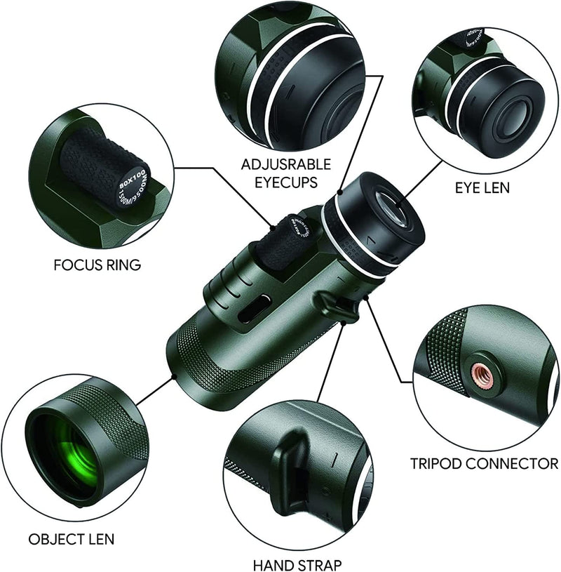 80x100 Monocular-Telescope High Powered Monocular for Adults Monocular for Smartphone Adapter Monocular Telescope Hunting Wildlife Bird Watching Travel Camping Hiking Green