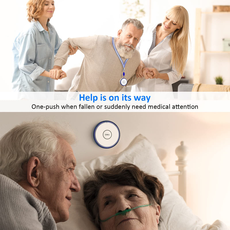 Wireless Caregiver Pager, Emergency Panic Call Button, Medical Alert Systems with 2-SOS Buttons and 2-Pagers for Seniors/Elderly at Home, 500+ ft Range Nurse Calling & Patient Assistance Alert 2 call buttons + 2 receivers