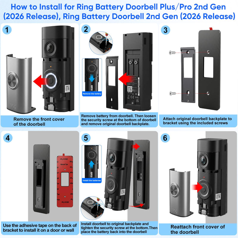 No Drill Mount for Ring Battery Doorbell/Plus/Pro (2nd Gen 2026 Release), Adhesive Mounting Bracket for Ring Camera Doorbell, Metal Doorbell Wall Holder for Apartments/Office/Rental, Easy to Install