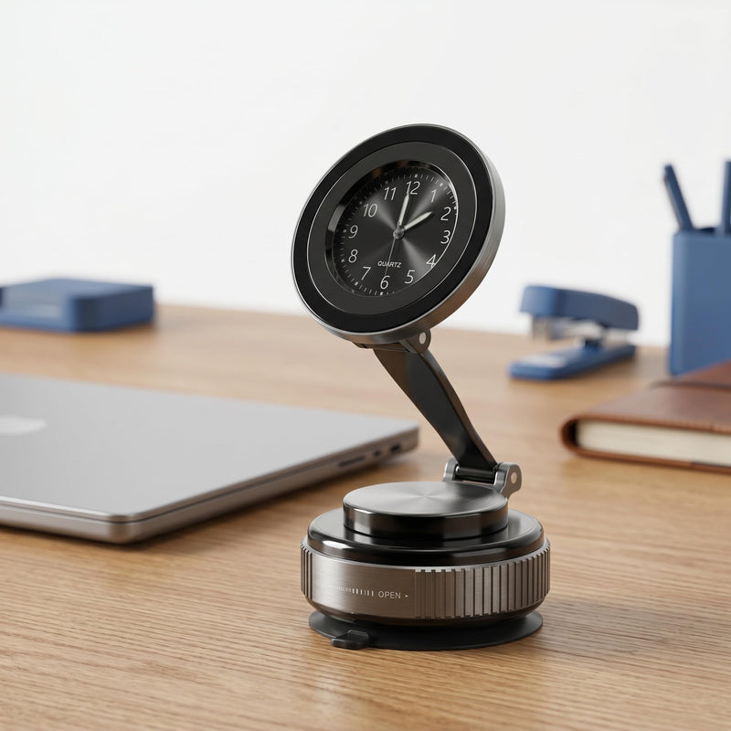 Car Mount with Clock, Folding Stand Design, Round Dial, Silver, Car or Desk