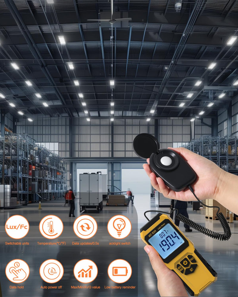 [AUSTRALIA] - MT-92H Light Meter with Split Sensor Lux/Foot Candles Meter 500ms Refresh Rates Range up to 200,000 Lux Switchable Backlight Temperature Measurer 14℉-140℉ 