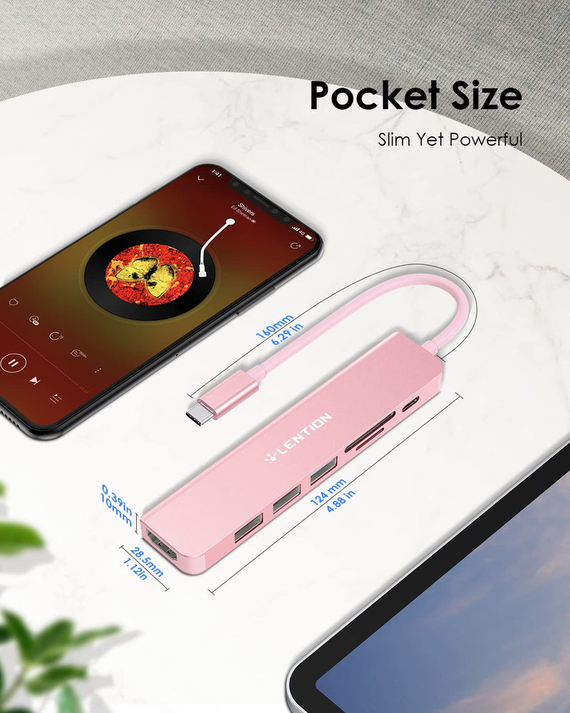 LENTION USB C Hub with 100W Charging, 4K HDMI, Dual Card Reader, USB 3.0 & 2.0 Compatible 2023-2016 MacBook Pro, New Mac Air/Surface, Chromebook, More, Stable Driver Adapter (CB-CE18, Rose Gold)