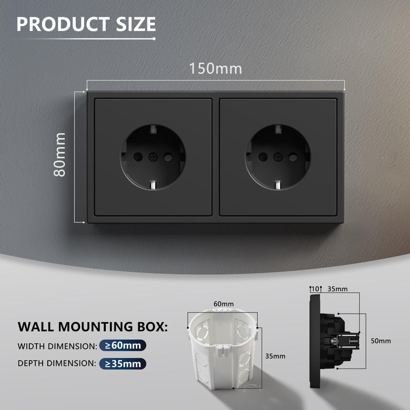 BSEED Schuko Double Socket Flush-Mounted, Wall Socket 16 Amp with PC Frame, Double Socket with Claws, 2 Compartments, Black 2 Fach