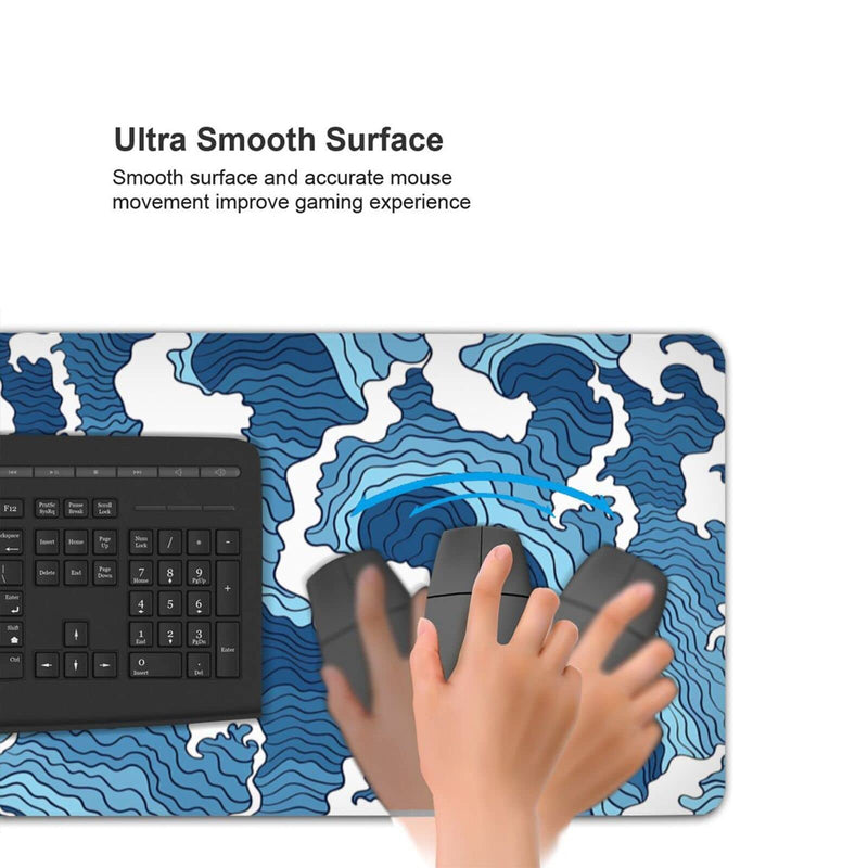 Japanese Wave Mouse Pad Blue and White Mouse Pad Gaming Large XXL Long Mousepad Extended XL Desk Mat Non-Slip Rubber Base Stitched Edges Mice Pad 31.5 X 11.8 Inch Abstract Japanese Wave