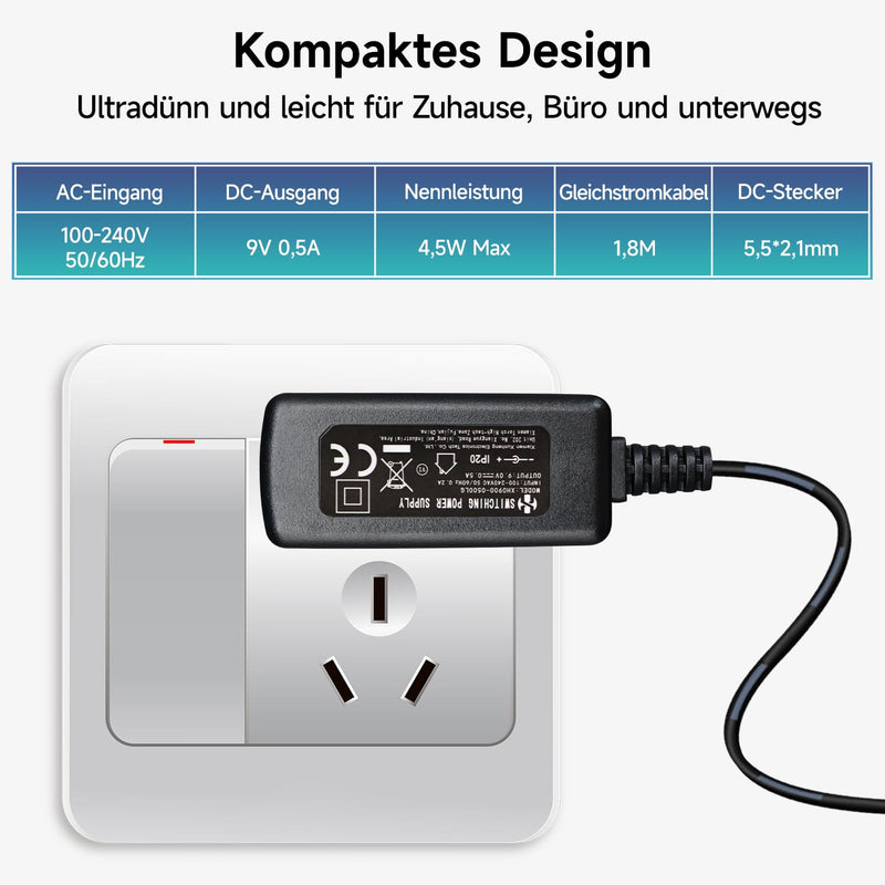 Power Supply Adapter 9V 0.5A 4.5W 1.8M AC DC Switching Adapter (Input 100-240V, Output 9V 0.5A) DC 9V 5.5x2.1mm Wall Mount Transformer Plug 9V0,5A