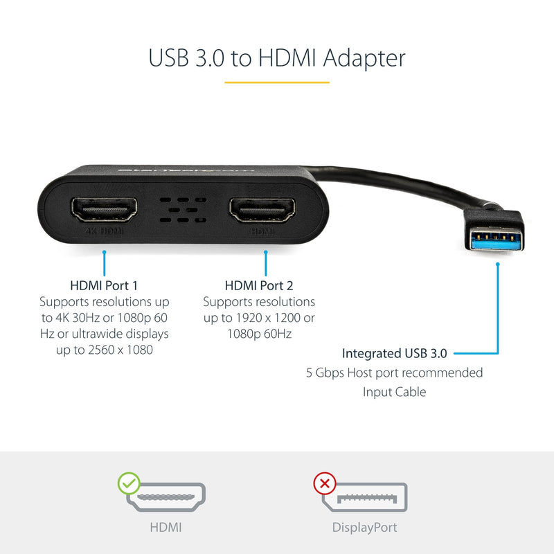 StarTech USB-A 3.0 to Dual HDMI Adapter, 4K 30Hz + 1080p 60Hz, Windows only | USB 5Gbps to 2x HDMI external graphics, 1x 4K 30Hz + 1x 1080p 60Hz, Extend or mirror