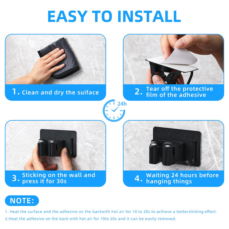 Cokshy Broom Holder Wall, Pack of 4 Stainless Steel Broom Holders with Hooks, Self-Adhesive, Mop Holder, No Drilling, Device Holder for Kitchen, Mop, Bathroom, Garden, Shovel, Tools (Black) Black