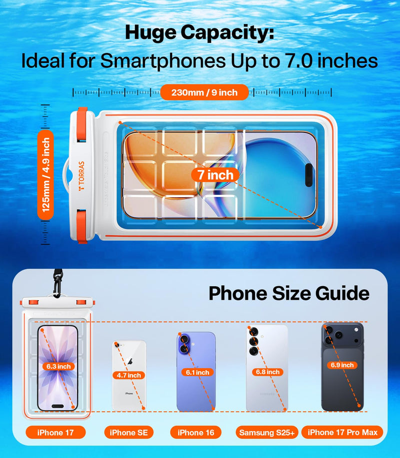 TORRAS IPX8 Waterproof Phone Pouch Floating, Underwater Screen Touchable | Black & White, 2 Pack Universal Waterproof Phone Case with Lanyard, Snorkeling, Beach, Cruise, Travel Essentials, 7.0 Inch 2 Pack-Black & White