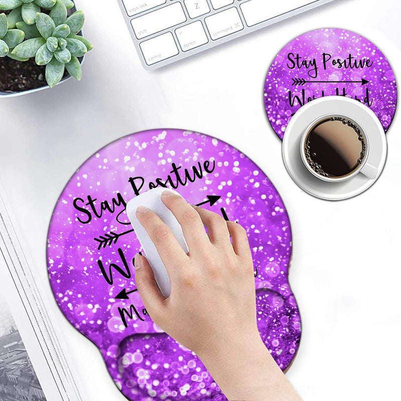 Mouse Pad with Wrist Support Gel Ergonomic Mouse Pads with Rest Support Mouse Pad for Home Office Working Pain Relief + Coaster, Stay Positive Work Hard and Make It Happen Purple Glitter Yu-mouse Pad-2-h24