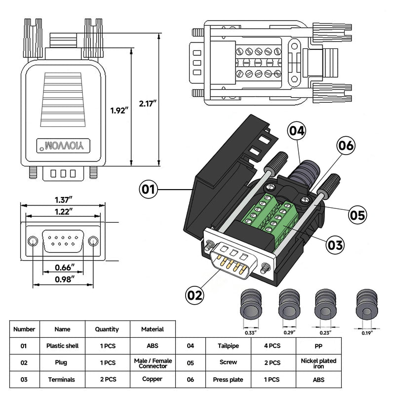 10PCS DB9 Male Breakout Connector,9 pin RS232 connectors, Solderless D-SUB RS485 Serial Adapter Module Board with Screw Terminals, Case, Long Bolts 10xMale Connector