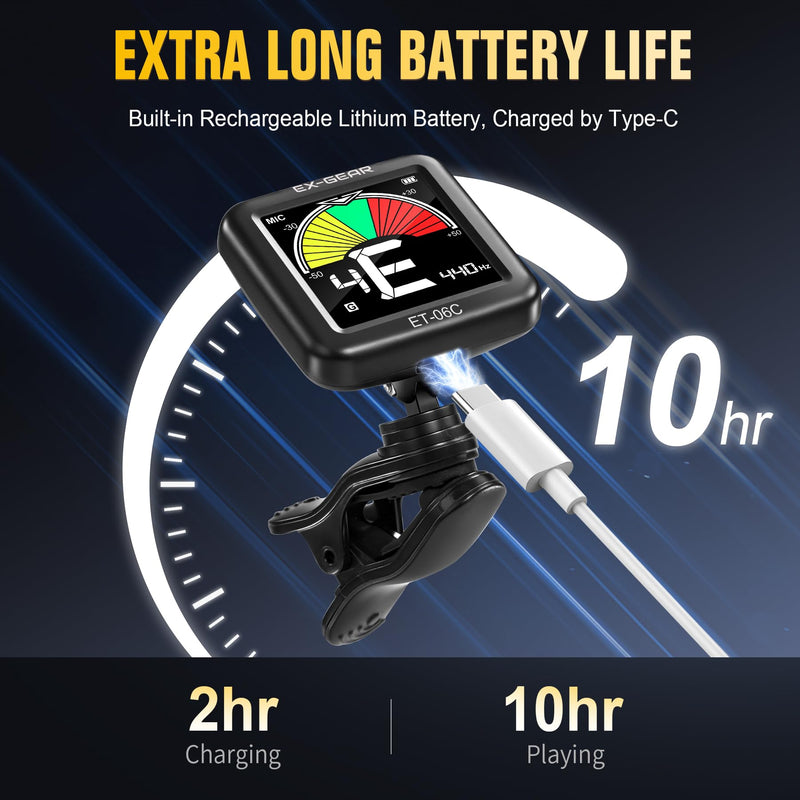 [AUSTRALIA] - EX-GEAR Professional Guitar Tuner Clip On, Quick & Accurate Tuning with Large LCD Screen, 360° Rotatable Rechargeable Acoustic Guitar Electric Guitar Bass Ukulele & Chromatic Tuner 