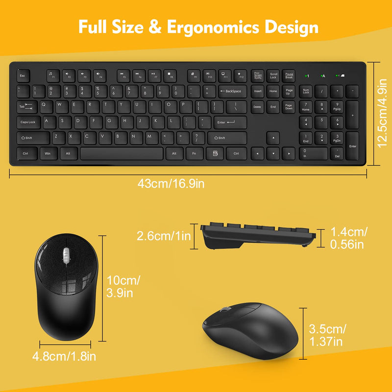 Wireless Keyboard and Mouse, Trueque Silent 2.4GHz Cordless Full Size USB Keyboard Mouse Combo, Long Battery Life, Lag-Free Wireless for Computer, Laptop, PC, Window, Mac, Chrome OS(Black) Black