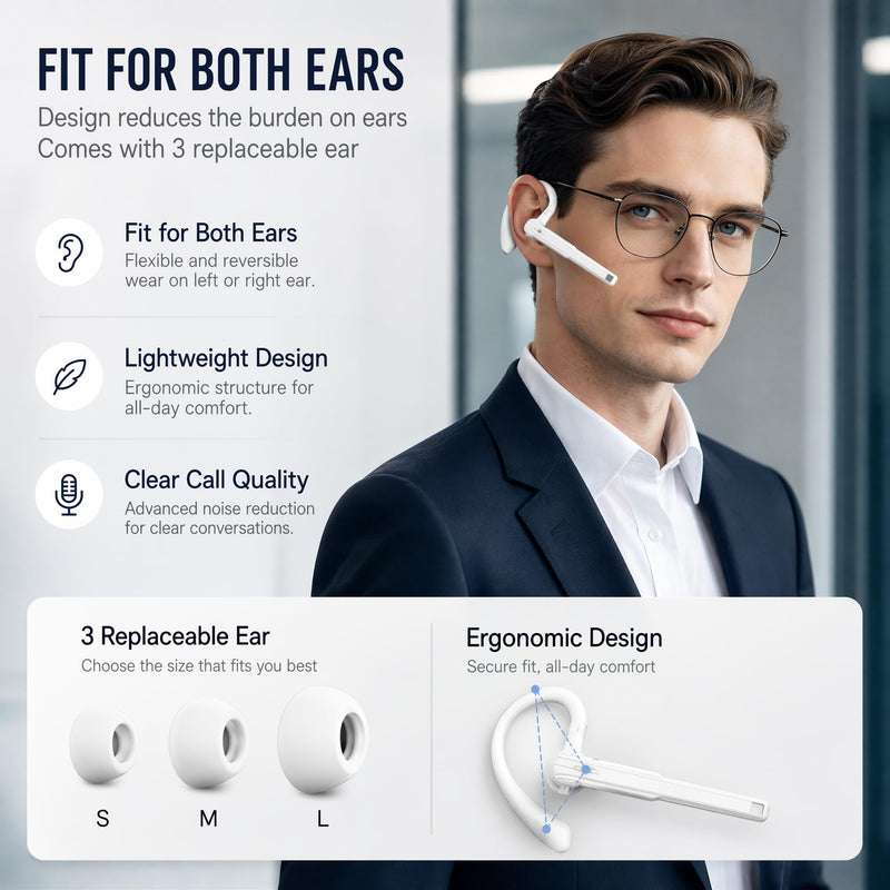 Hsility Bluetoth Earbuds with Mic for Office 270 Degree Rotatble Wireless Earbuds for Truck Driver White