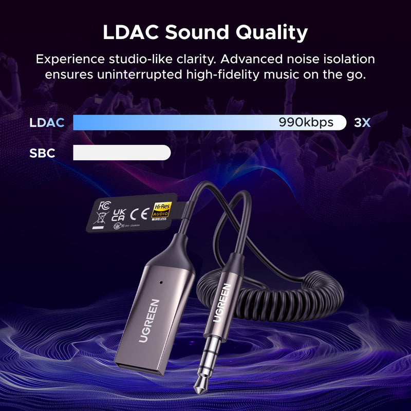 UGREEN Aux to Bluetooth 6.0 Car Adapter with LDAC, 3.5mm Aux Adapter Built-in Microphone, Car Bluetooth Audio Receiver for Hands-Free Calls Compatible with Speaker & Home Audio