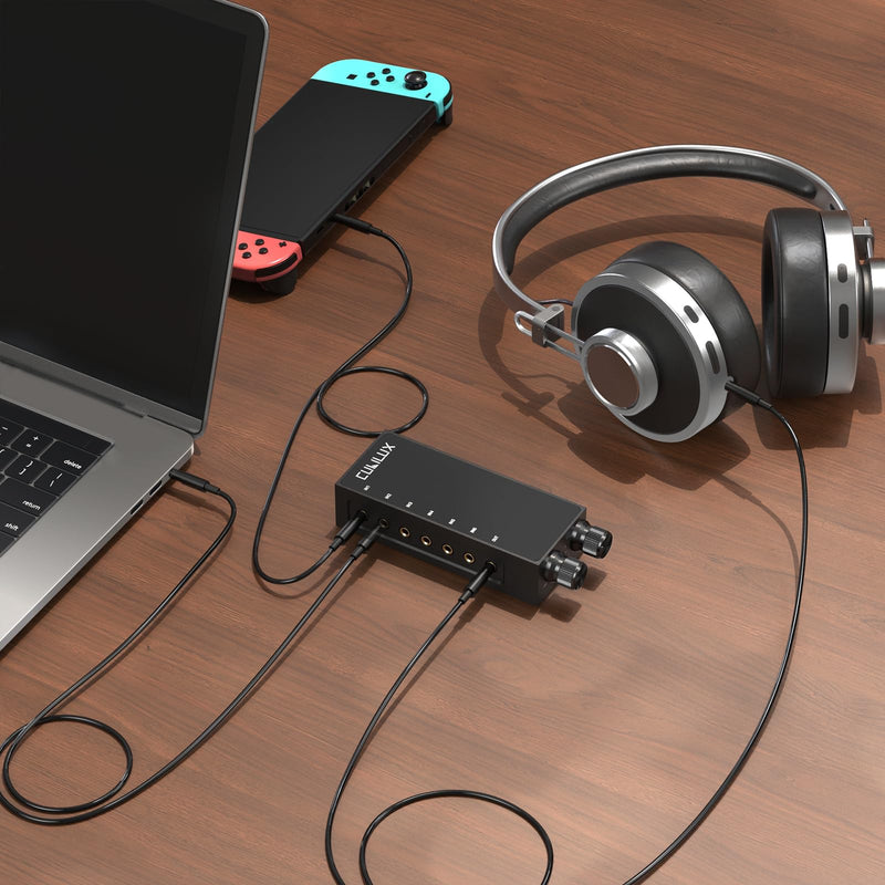 Cubilux 3.5mm 6-in-1 Stereo Audio Switcher with Volume Control & Mute, 6 Input to 1 Output Audio Selector Box for Headphones, Speakers, Laptop, PC, Smartphone, and Tablet