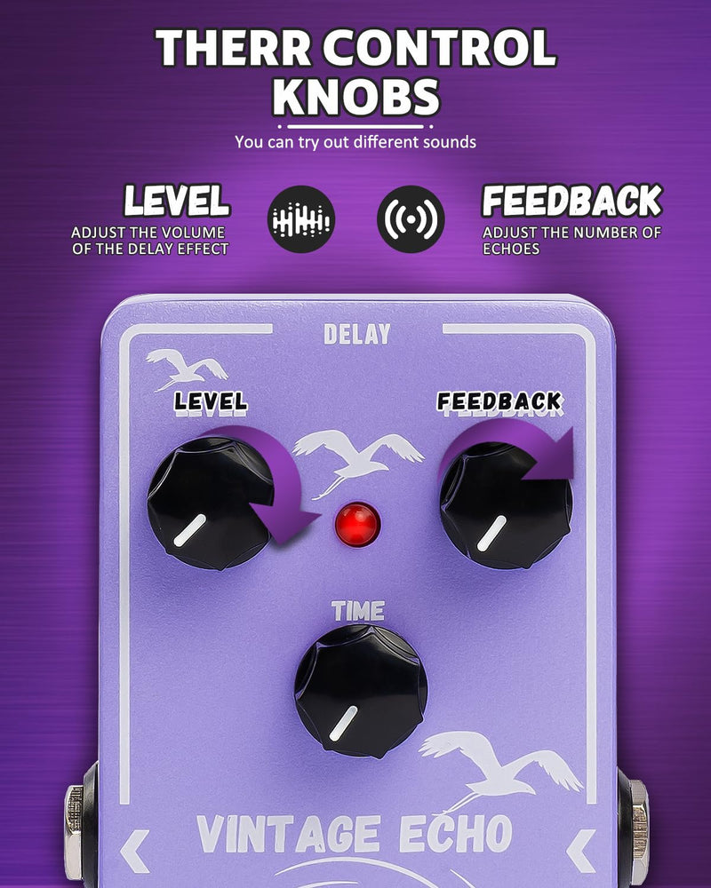 STRICH Delay Guitar Pedal, Analog Delay Guitar Effect Pedal Vintage, True Bypass for Electric Guitar, VINTAGE ECHO, Light Purple Light Purple Delay
