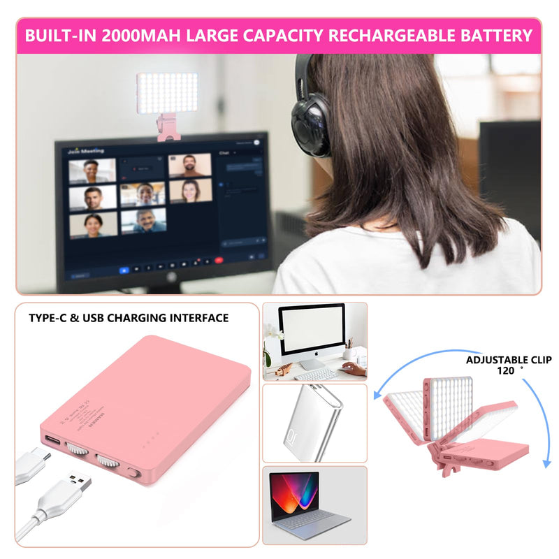 Pink Selfie Light with Phone Light Clip,80led Portable Selfie Light with 3 Light Modes and Infinite Adjustment Modes, 2000mah Rechargeable Selfie Light for Phone, Laptop, Makeup, Live Stream