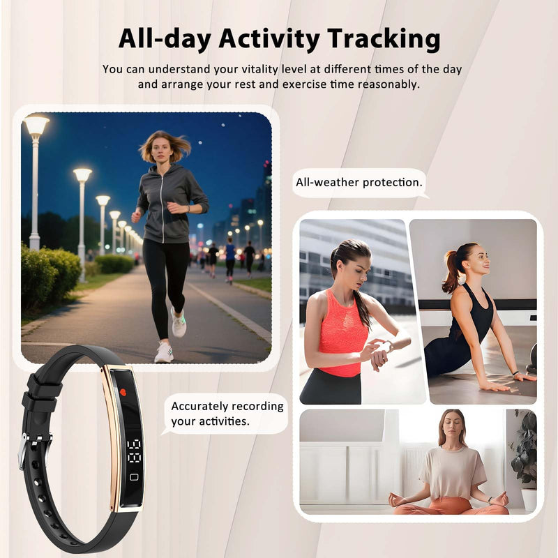 Fitness Health/Calorie Tracker with 2 Bands, Sleep Detection Bracelet Gold steel + black silicone