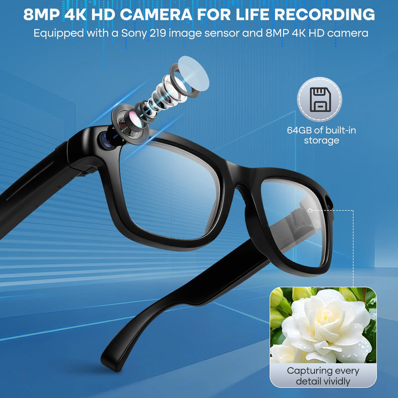 AI Smart Glasses with 4K Camera: Hands-Free POV Recording & Translation | ChatGPT-powered glasses with 8MP camera, realtime voice translation, open-ear audio & interchangeable lenses for smart travel
