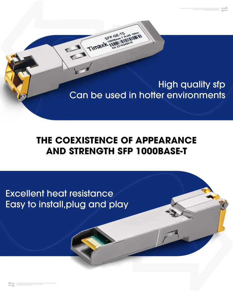 Timaxk 1000BASE-T SFP to RJ45 Ethernet Module, 1.25G Gigabit SFP-T Transceiver up to 100m Over Cat 5 Cable,Compatible with Cisco, Ubiquiti, Mikrotik, D-Link, Netgear, Qnap, Linksys and More 1 pack