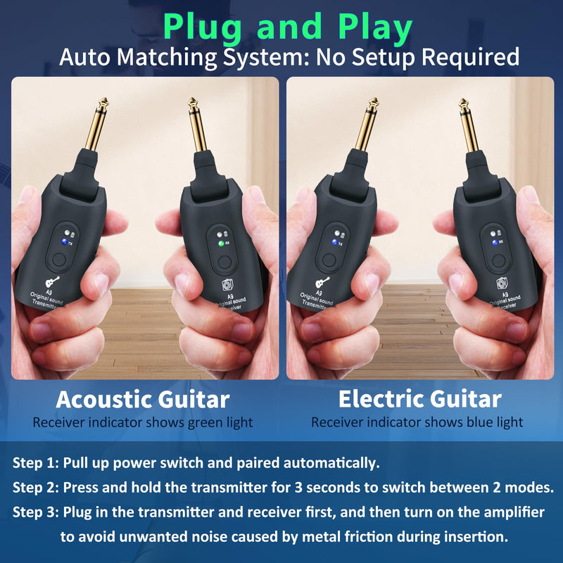 [AUSTRALIA] - A9 Wireless Guitar System - 2.4GHz Guitar Accessories Transmitter Receiver, 24-bit 48KHz Audio, 100ft Range, No Latency, 4-Hour Rechargeable Battery, for Electric Bass (Black(2TX+1RX)) Black 