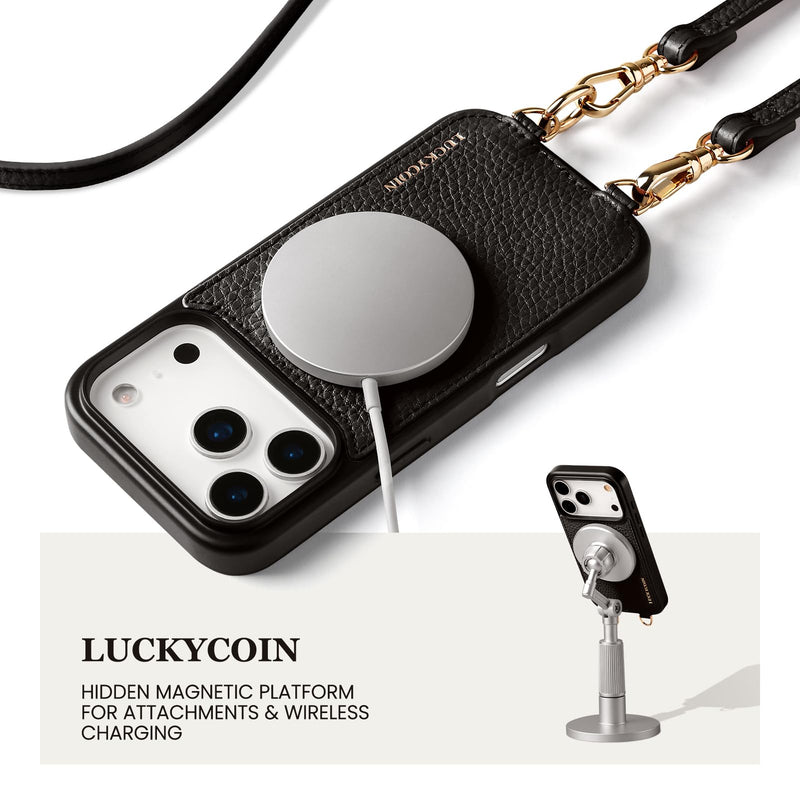 LUCKYCOIN Genuine Leather Crossbody Wallet Phone Case for iPhone 17 Pro | 100% Genuine Leather, Compatible with MagSafe, Removable Purse Flip Card Holder（with RFID Blocking）& Adjustable Strap, Black