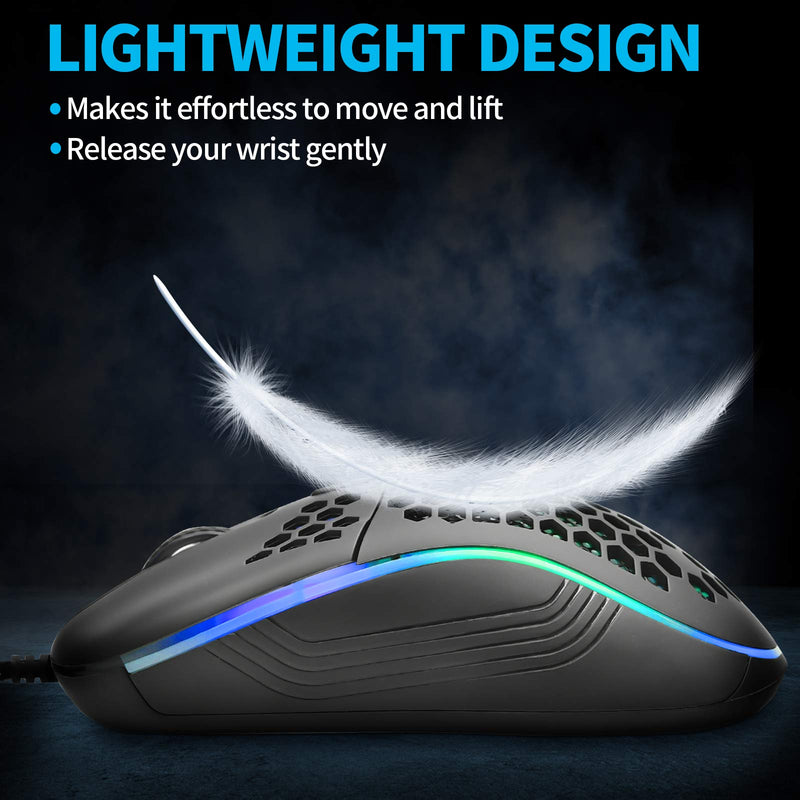 Honeycomb Wired Gaming Mouse, RGB Backlight and 7200 Adjustable DPI, Ergonomic and Lightweight USB Computer Mouse with High Precision Sensor for Windows PC & Laptop Gamers (Black) Black