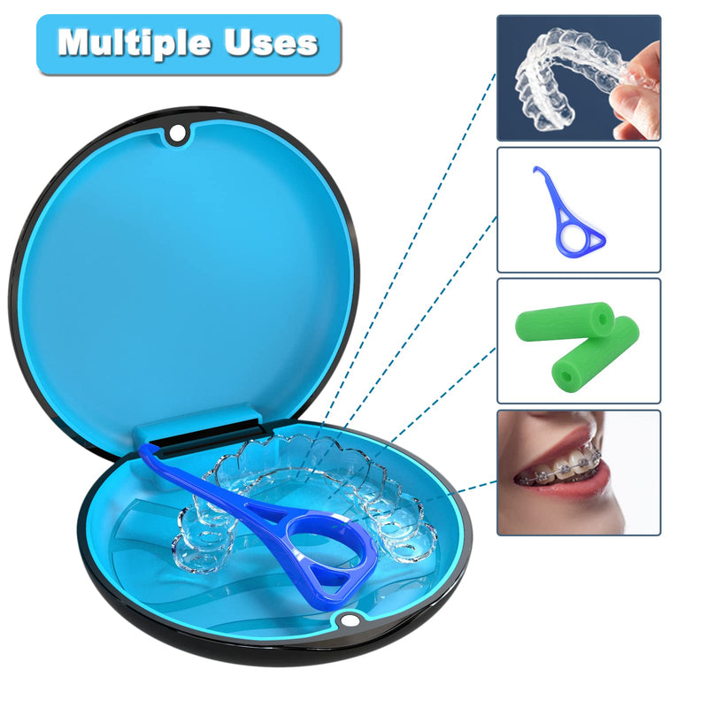 Retainer Case Orthodontic Dental Case: BVN Slim Braces Case, Mouth Guard Case, Denture Case, Teeth Aligner Case, Night Guard Case Container Storage Holder Black. Circular case Black Shell+blue Silicone Pad