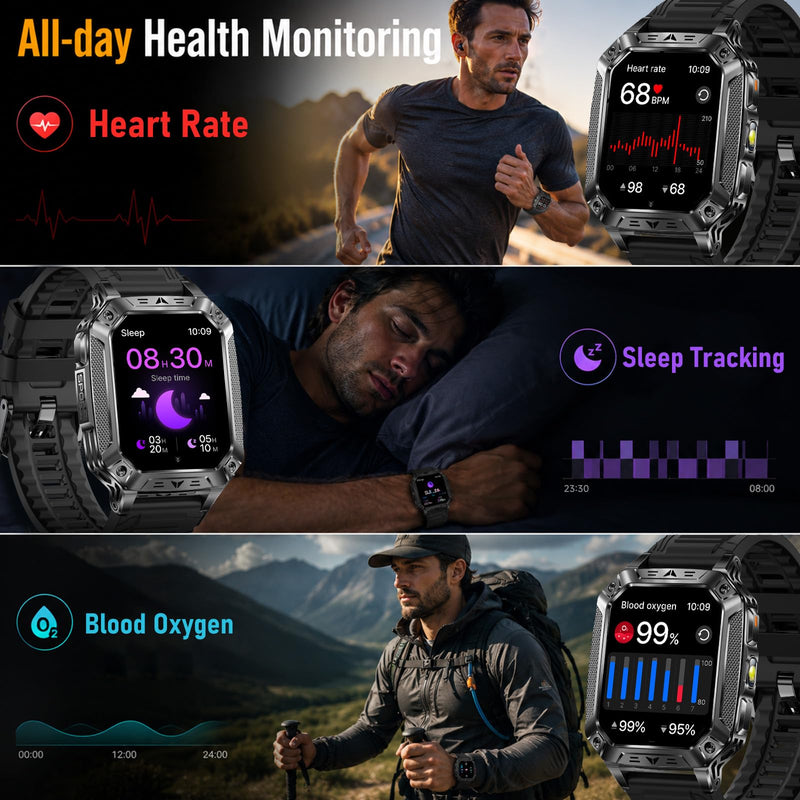 KPEP Smart Watches for Men, 2 Flashlight & 100 Days Battery Life | IP68 Waterproof 2.01'' Military Smart Watch with Sleep/SpO2/Heart Rate Monitor/Step Tracker, Sport Smartwatch for Android iOS