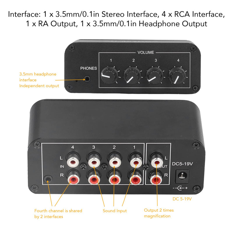 4 Channel Stereo Sound Mixer, Stereo Channel Mini Audio Mixer with Ultra Low Noise, Input and Output, Separate Volume Controls for Headphones