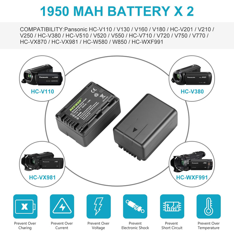 Neewer VW-VBT190 Battery (2-Pack/1950mAh) and Dual USB Charger Kit Compatible with Panasonic HC-V110 V130 V160 V180 HC-V201 V210 V250 HC-V380 HC-V510 V520 V550 HC-V710 V720 V750 V770 HC-VX870