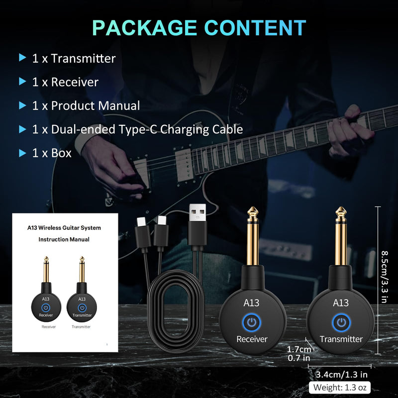 A13 Wireless Microphone Transmitters Receivers, Microphones Guitar System, 2.4GHz Guitar Accessories, No Latency, 100ft Range, Rechargeable 5-Hour Battery, Plug & Play (1TX+1RX) 1TX+1RX